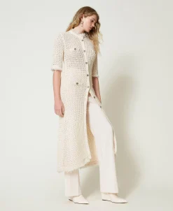 Cardigankleid Aus Jacquard-Strick In Netzoptik