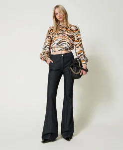 Cropped-Bluse Aus Satin Mit Animaldessin