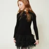 Geripptes Strickkleid Mit Tüll