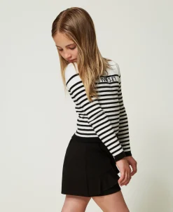 Gestreifter Rundhalspullover Mit Jacquardlogo
