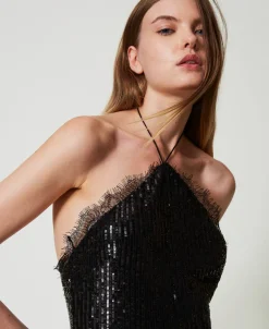 Maxikleid Aus Pailletten Mit Spitze