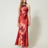 Maxikleid Aus Satin Mit Blumendessin Und Amerikanischer Schulter