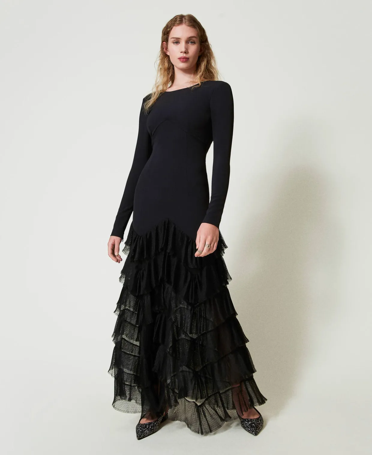 Maxikleid Mit Plissierten Tüllvolants