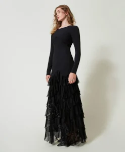 Maxikleid Mit Plissierten Tüllvolants