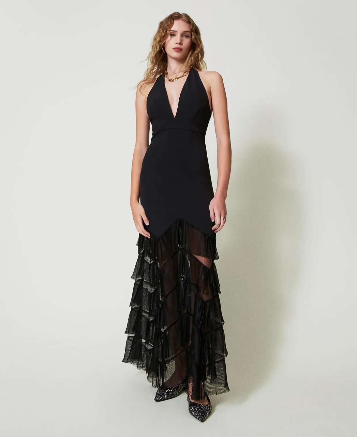 Maxi-Neckholderkleid Mit Plissierten Tüllvolants