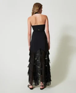 Maxi-Neckholderkleid Mit Plissierten Tüllvolants