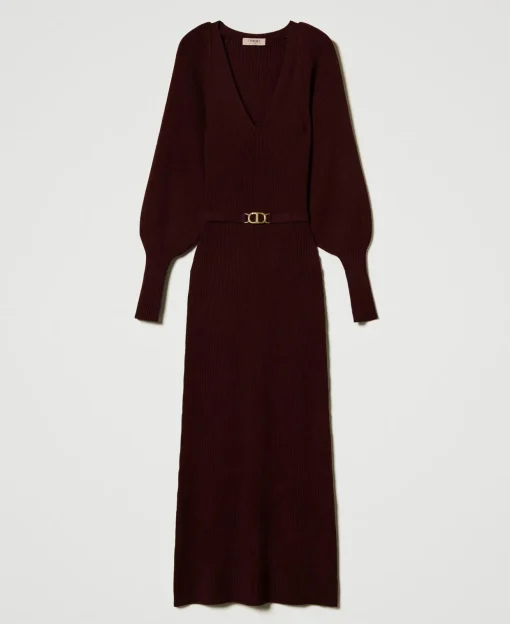 Maxi-Strickkleid Mit Rippenmuster Und Gürtel