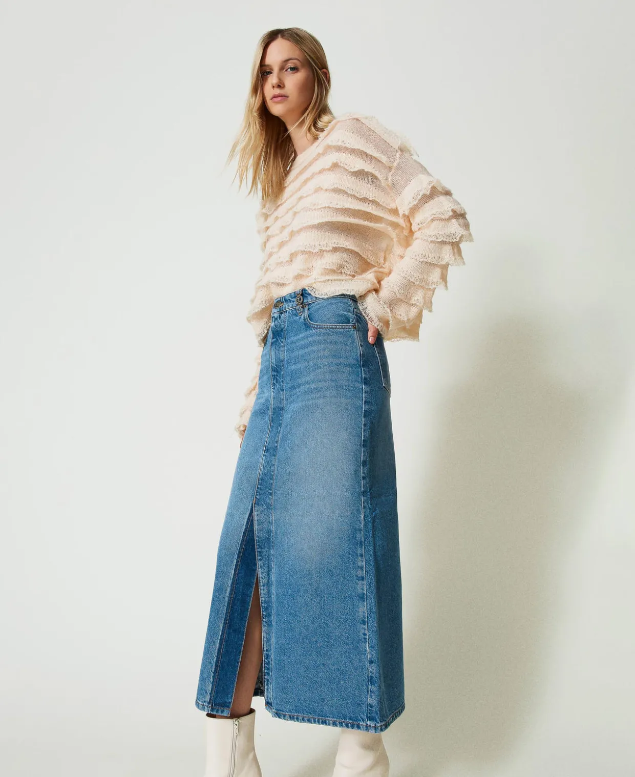 Midi-Jeansrock Mit Schlitz