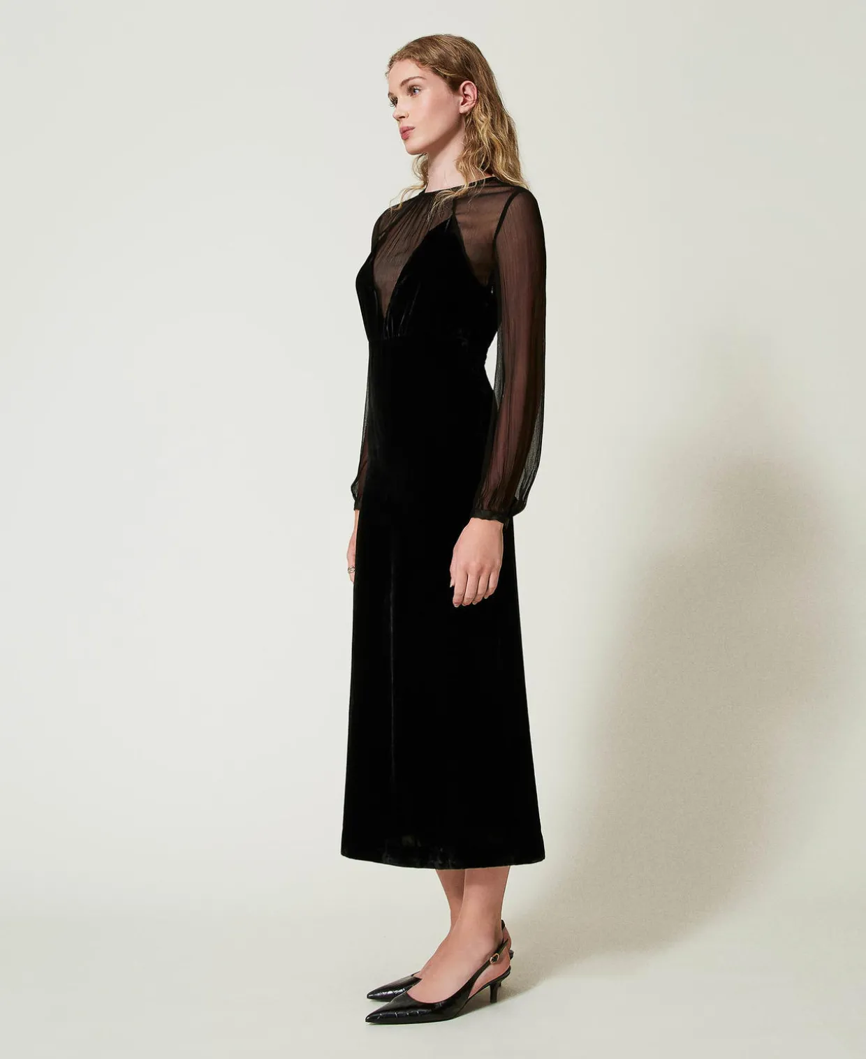 Midikleid Aus Chiffon Und Samt