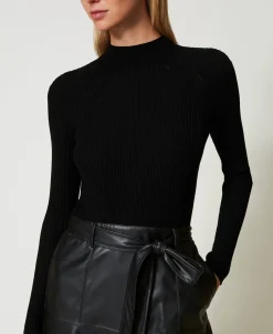 Midikleid Aus Gestrick Und Beschichtetem Gewebe