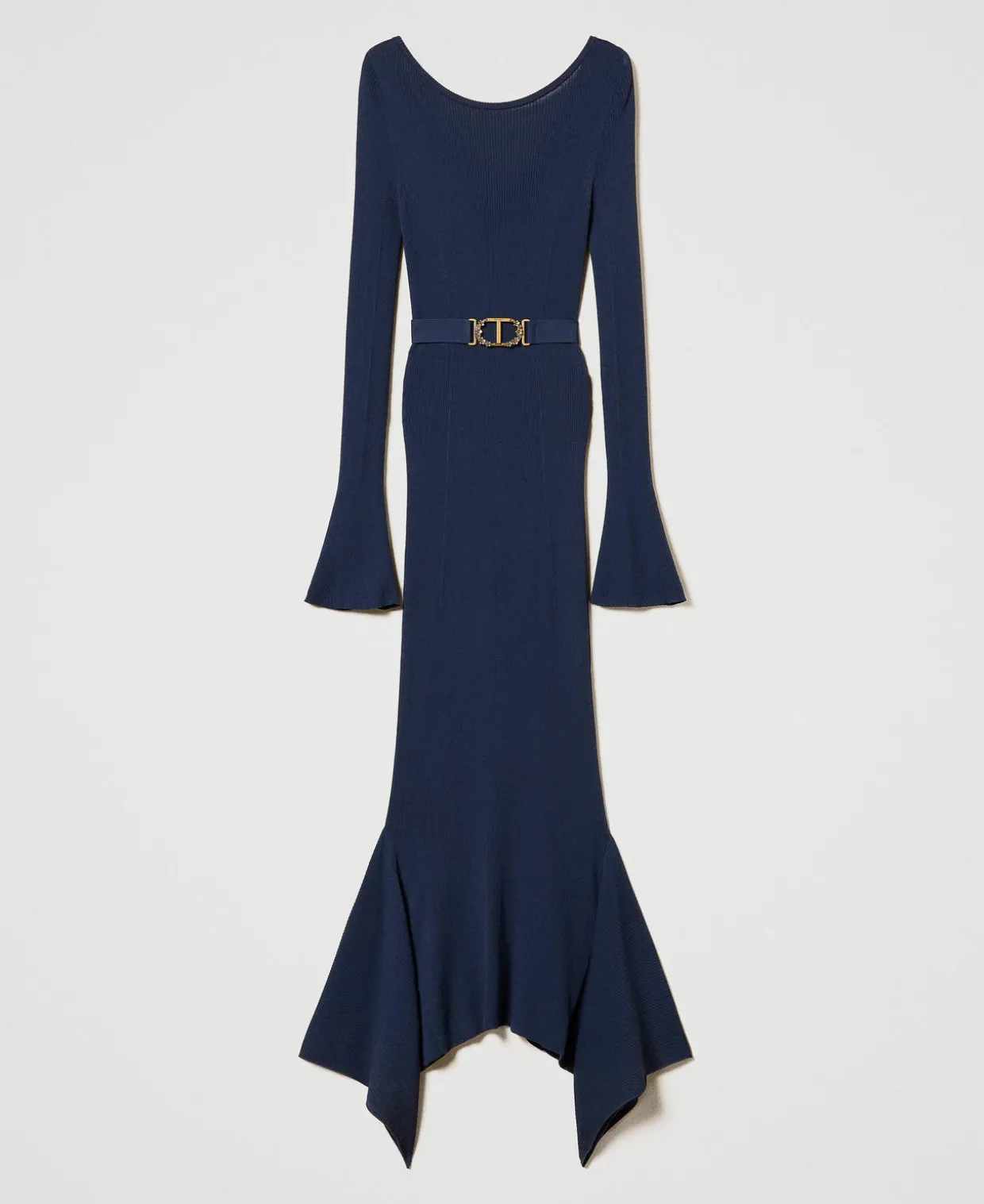 Midi-Strickkleid Mit Gürtel Und Volant