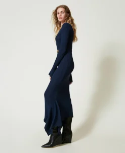 Midi-Strickkleid Mit Gürtel Und Volant