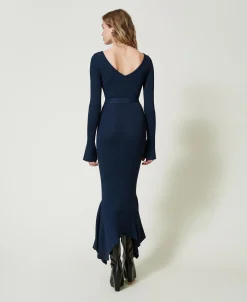 Midi-Strickkleid Mit Gürtel Und Volant