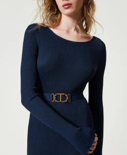 Midi-Strickkleid Mit Gürtel Und Volant