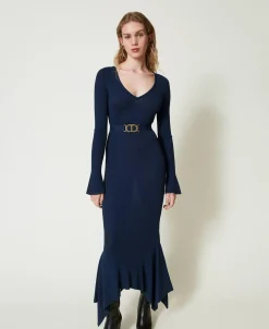 Midi-Strickkleid Mit Gürtel Und Volant
