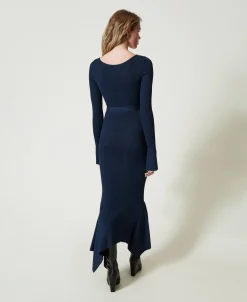 Midi-Strickkleid Mit Gürtel Und Volant