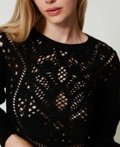 Pullover Aus Wollmischung Mit Häkelarbeit