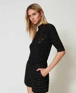 Stehkragenpullover Aus Wolle-Lurex-Mischung