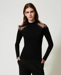 Stehkragenpullover Mit Tüll Und Stickerei