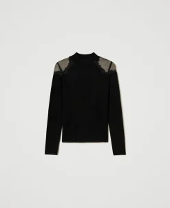 Stehkragenpullover Mit Tüll Und Stickerei