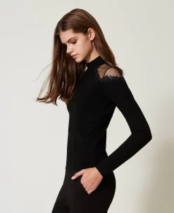 Stehkragenpullover Mit Tüll Und Stickerei