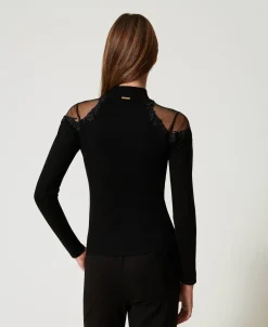 Stehkragenpullover Mit Tüll Und Stickerei