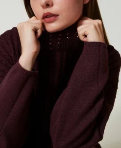 Stehkragenpullover Mit Zopfmuster Und Strass